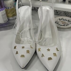 Karl Lagerfeld White Pointed Slingback Heels with Gold Accents